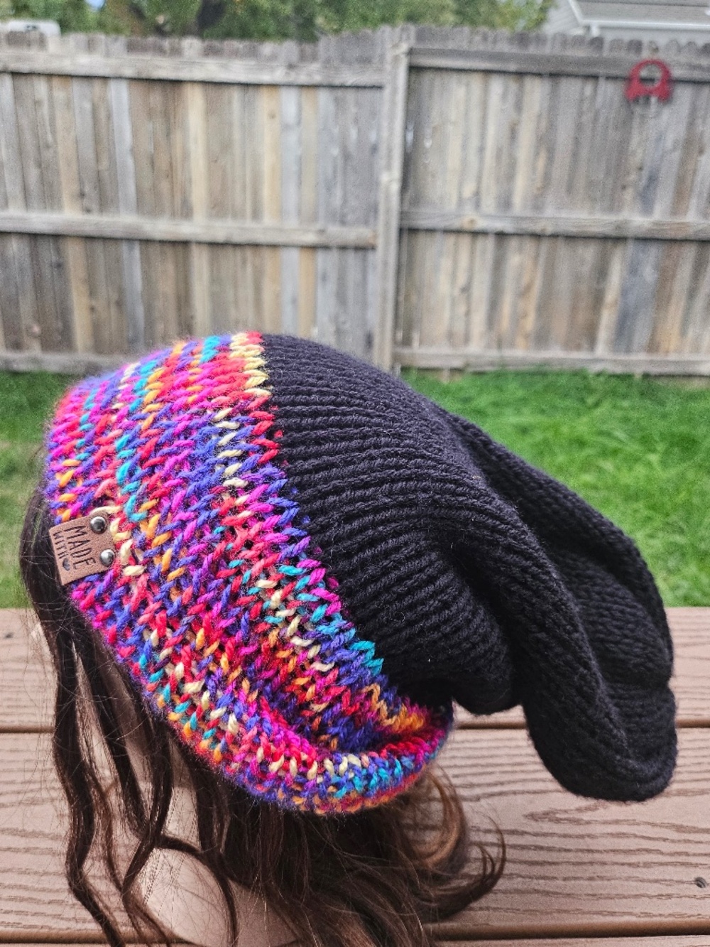Handmade Knit Slouchy Beanie Black Rainbow Speckled Cuff Winter Hat